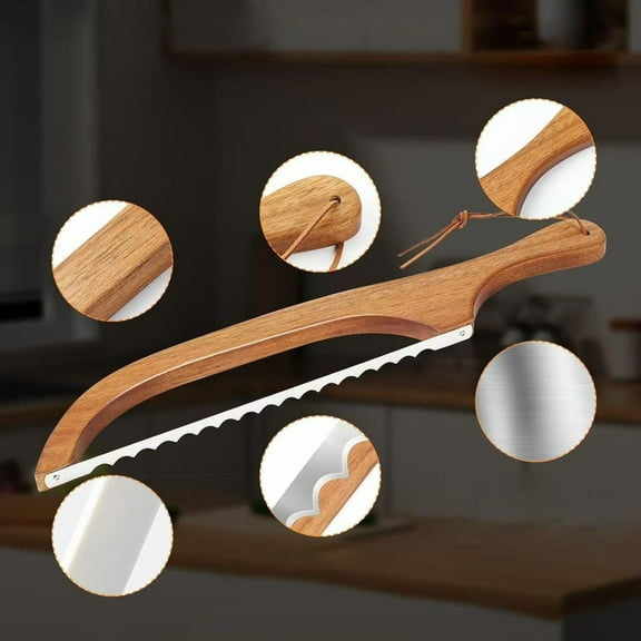 Bread Knife, Wood Bread Bow Knife with Stainless Steel Serrated Blade, Bow Design Bread Knife, Easy to Cutting Sourdough Bread Knife with Ergonomic Handle