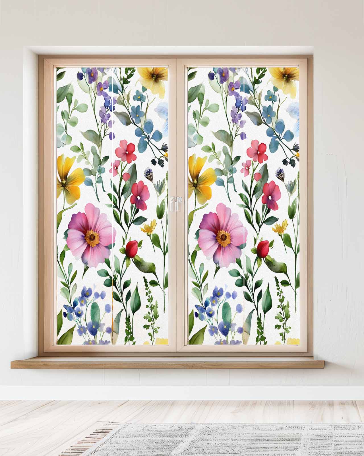 Window Privacy Film Spring Flower Stained Glass Window Film Decorative Sun Block Window Cover Retro Farm Summer Leaf Plant Watercolor Window Clings Static Adhesive Sticker for Bathroom 23.6"x59"