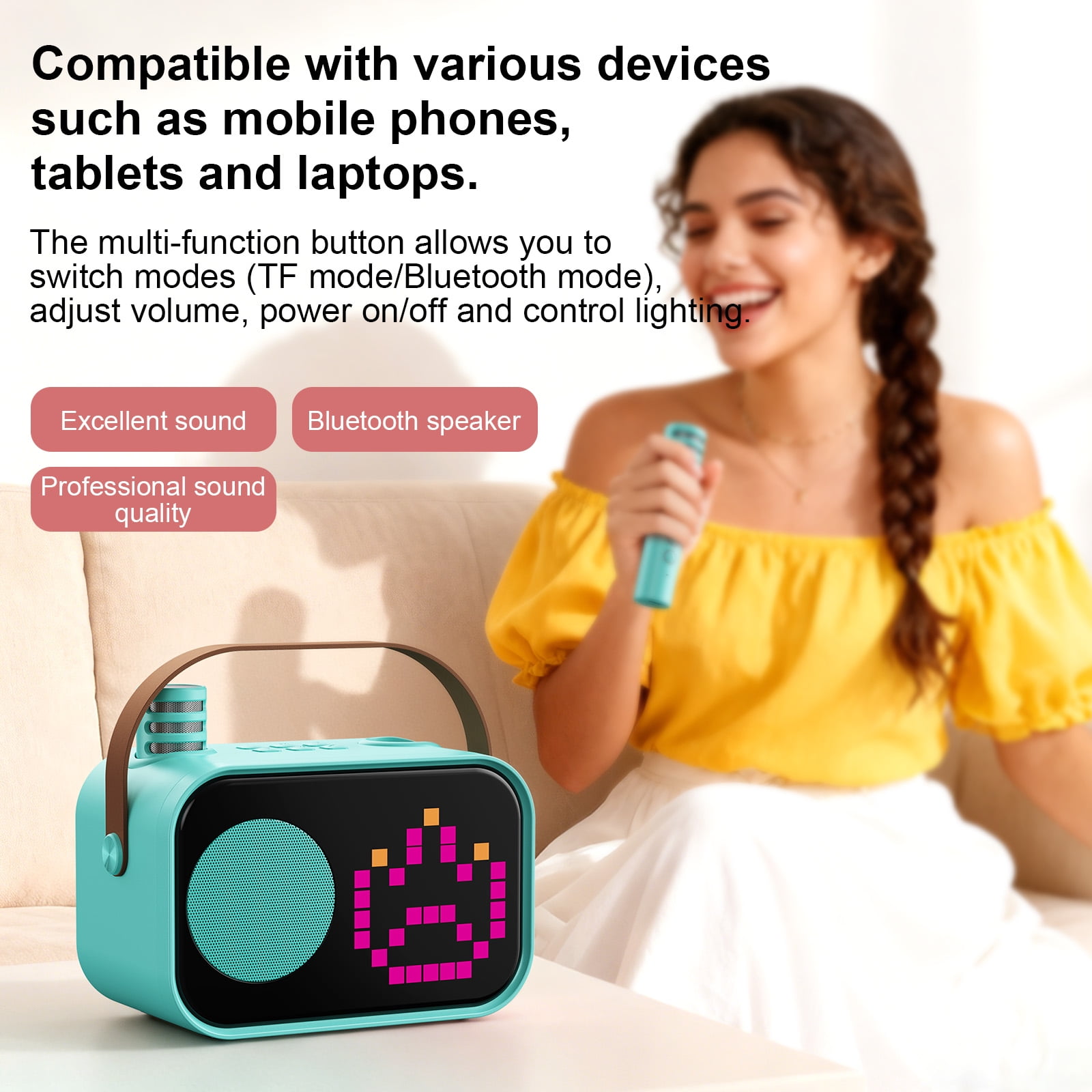 JYX Karaoke Machine for Kids Adults, Portable Bluetooth Speaker with 2 Mic, Party Speaker with 15+ Pixel Animation for Singing, D58G-T