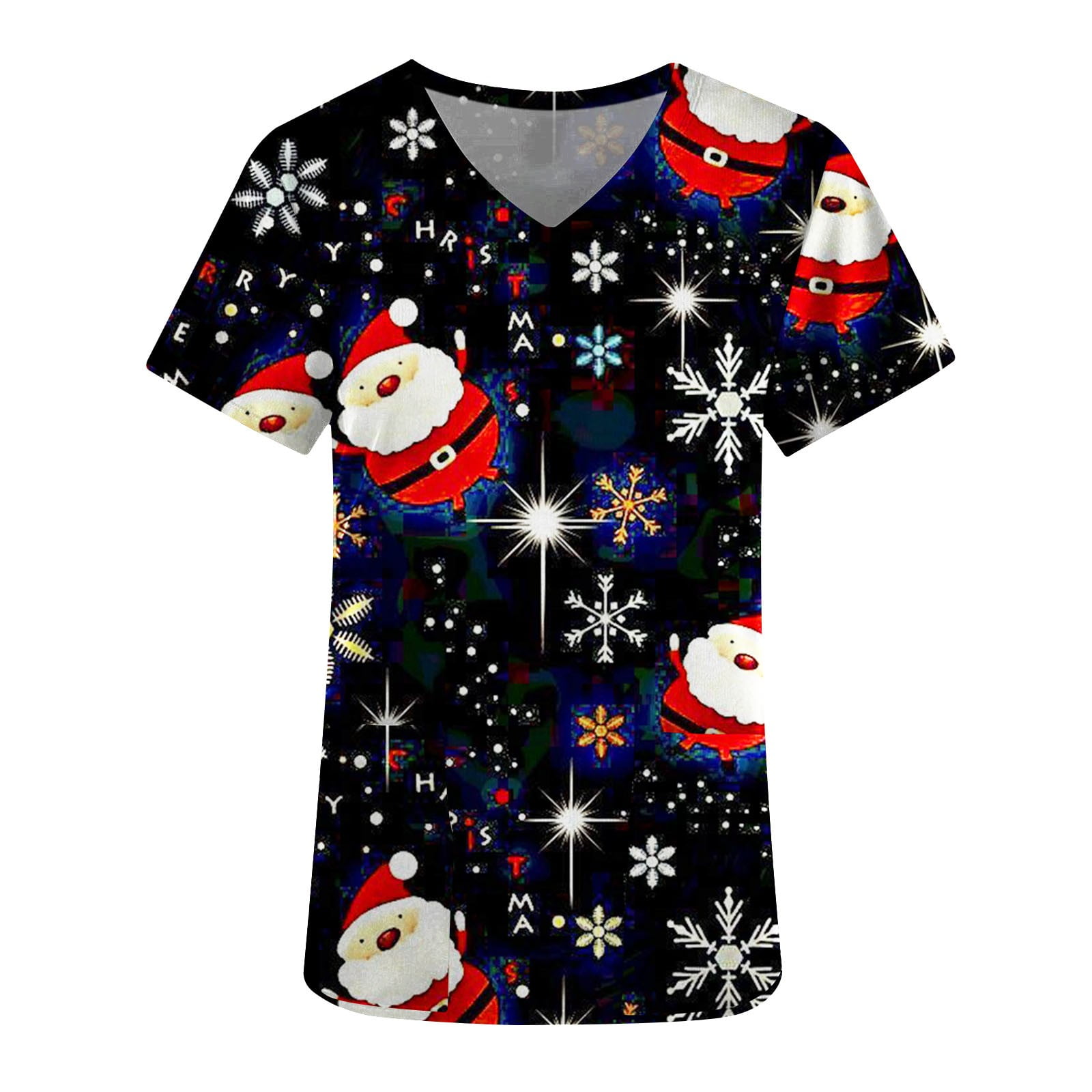 zanvin Christmas Print Scrub Tops for Women Christmas Funny Print Scrub V Neck Short Sleeve Christmas Scrubs Top with Pockets Black XL