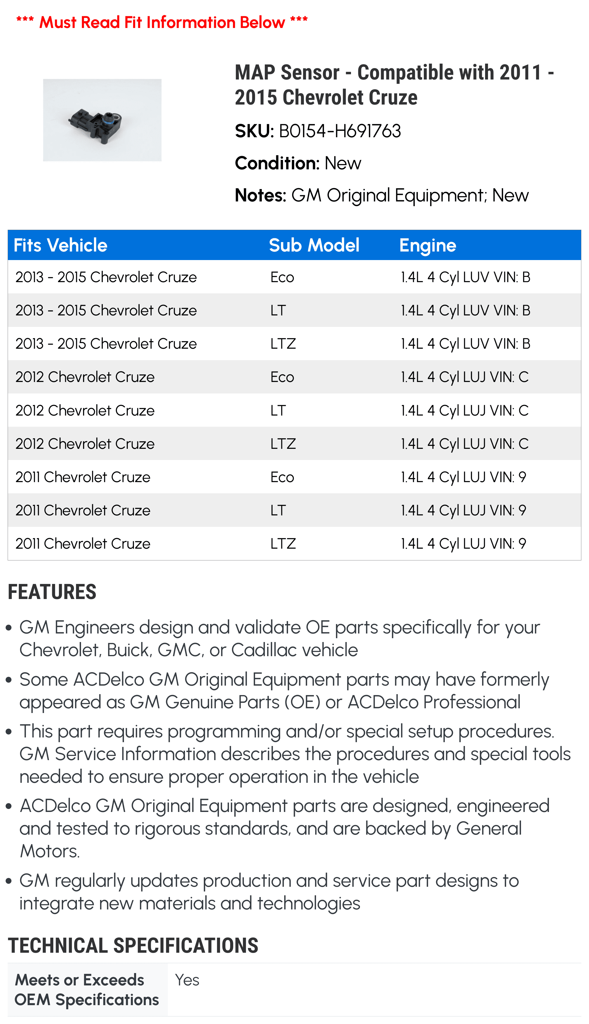 MAP Sensor - Compatible with 2011 - 2015 Chevy Cruze 2012 2013 2014
