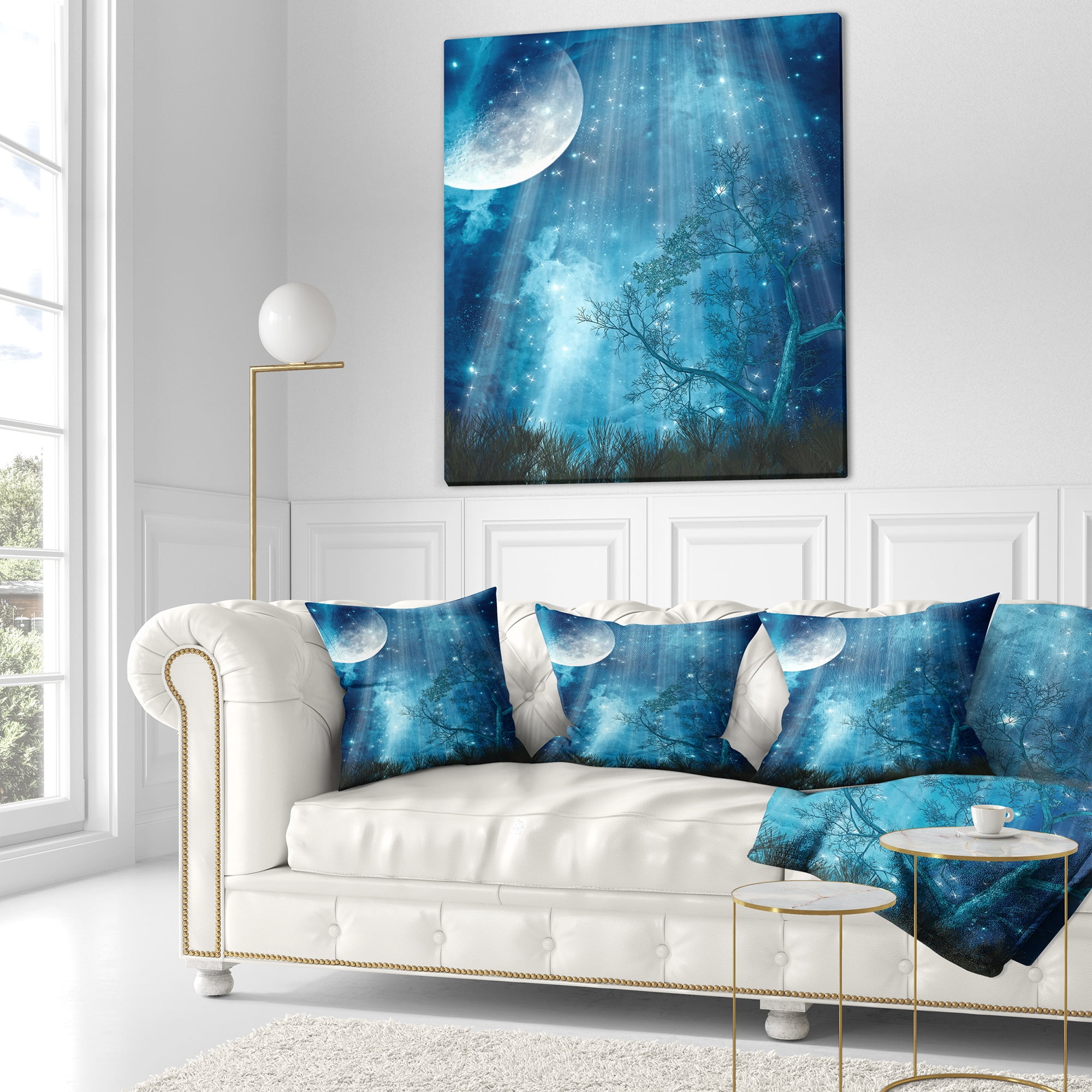 Designart Big Moon in Blue Forest - Landscape Printed Throw Pillow - 18x18