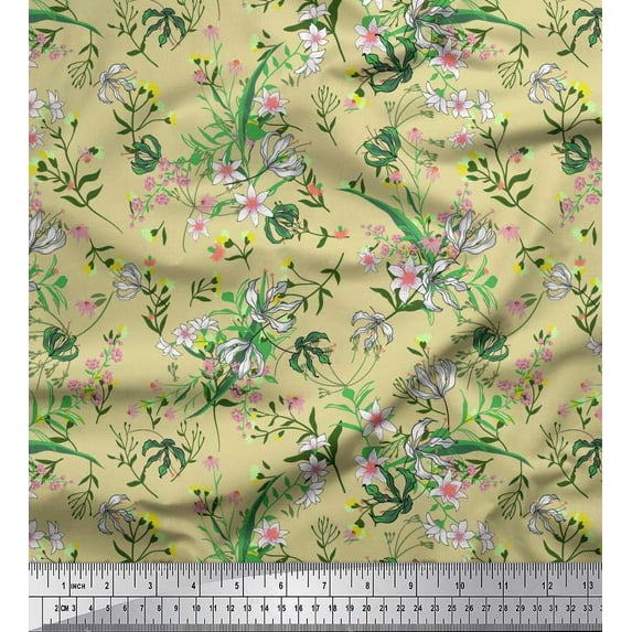 Soimoi Beige Rayon Fabric Leaves,Berries & Clematis Floral Print Fabric by the Yard 56 Inch Wide