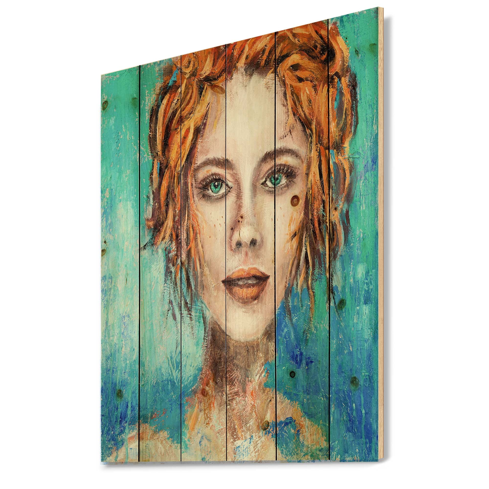 Designart 'A Woman Face With Red Hair And Green Eyes' Modern Print on Natural Pine Wood