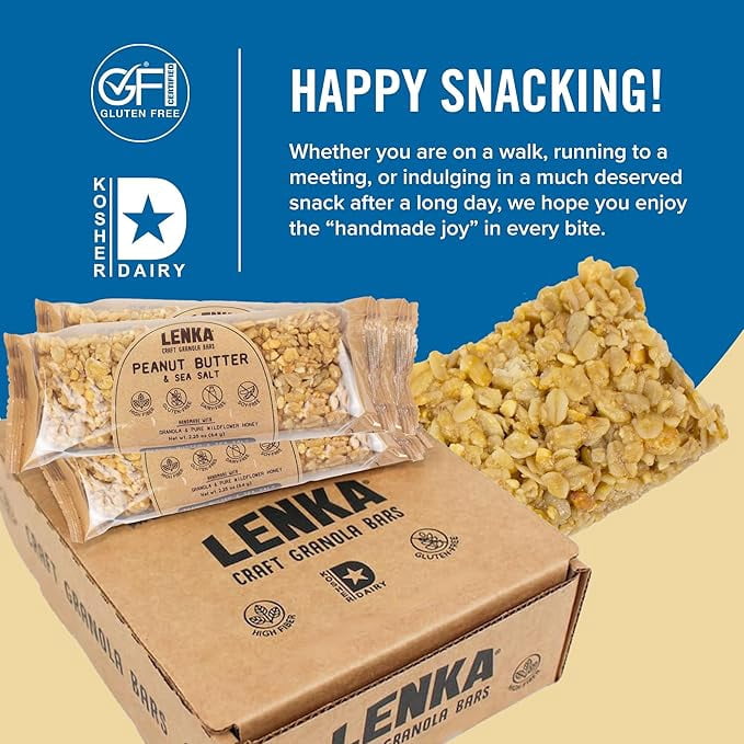 LENKA Handmade Craft Granola Bars - Peanut Butter with Sea Salt Gluten Free High Fiber - Sweet & Salty Chewy Granola Bar - 12 Pack