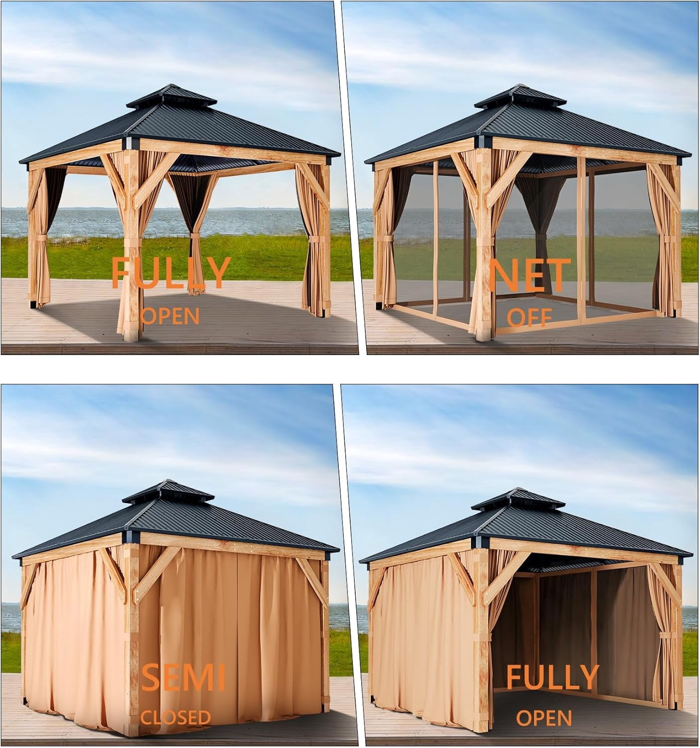 10x10 Ft Wood Gazebo, Upgrade Wooden Frame, Double Galvanized Steel Roof, for Backyard, Patio, Garden and Lawn