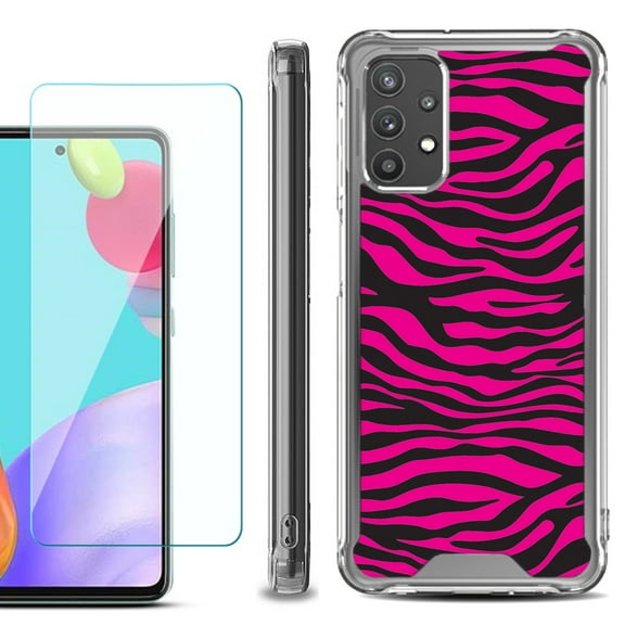 Shockproof Bumper Phone Case for Samsung Galaxy A52 5G, with Tempered Glass Screen Protector, by OneToughShield ® - Zebra Pink