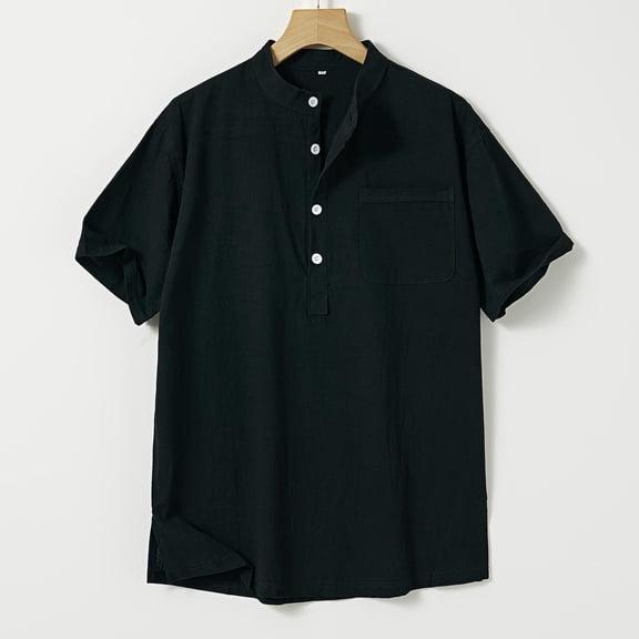 Men's Cotton Linen Henleys T Shirts Oversized Quarter Button Neck Short Sleeve Shirt Casual Solid Plus Size Loose Comfy Summer Vacation Beach Tee Blouse Top