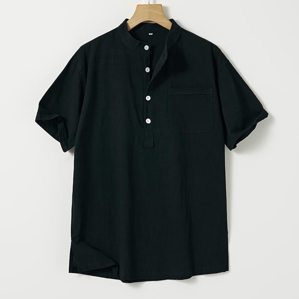 Ceisia Men's Shirt | Loose Stand Collar Short Sleeve Cotton-Linen Shirt | Breathable Textured Wrinkle (Multiple Solid Colors) Gift