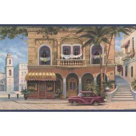 Havanas Cigar Shop Vintage Havana Cigar Shops City Square Blue Trim Wallpaper Border Retro Design, Roll 15' x 10