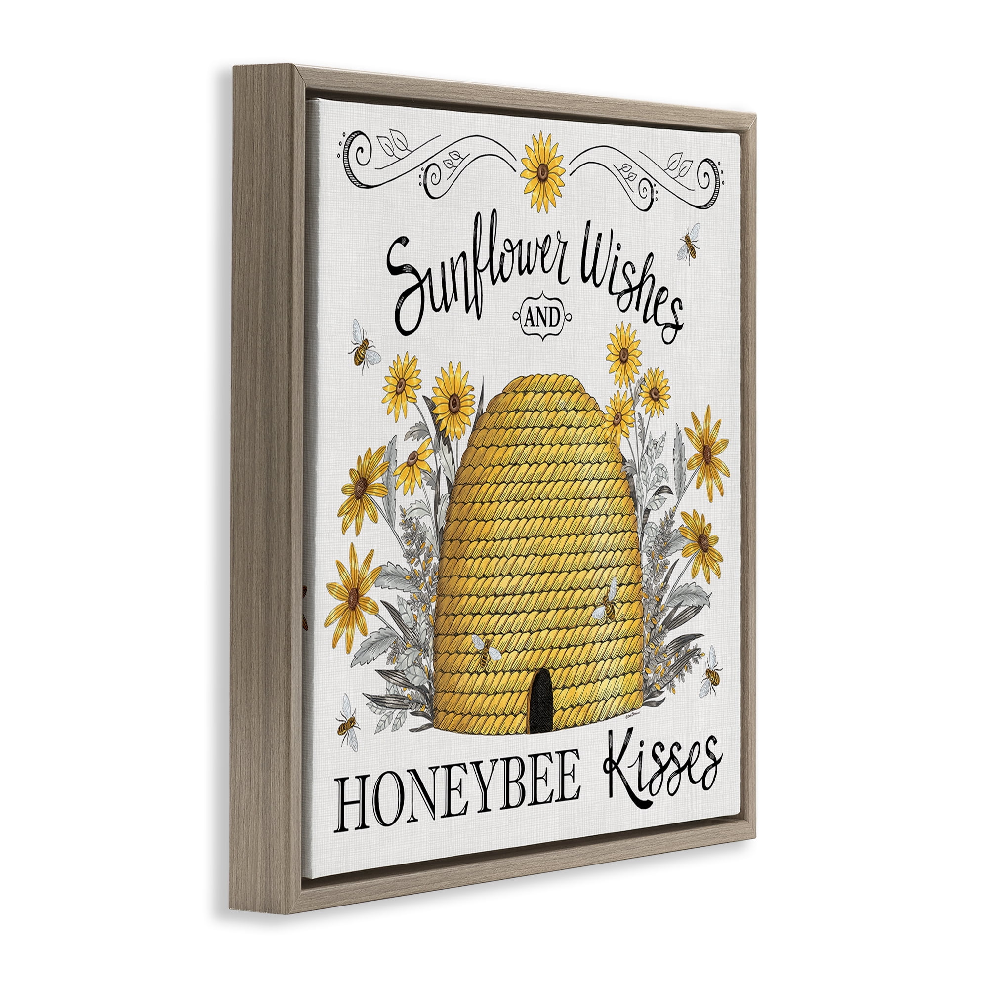 Stupell Industries Sunflower Wishes Honeybee Kisses Plants & Flowers Painting Brown Floater Framed Canvas Art Print Wall Art, 25 x 25