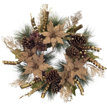 Set Of 2 Burlap Poinsettia And Pine Cone Decorative Artificial