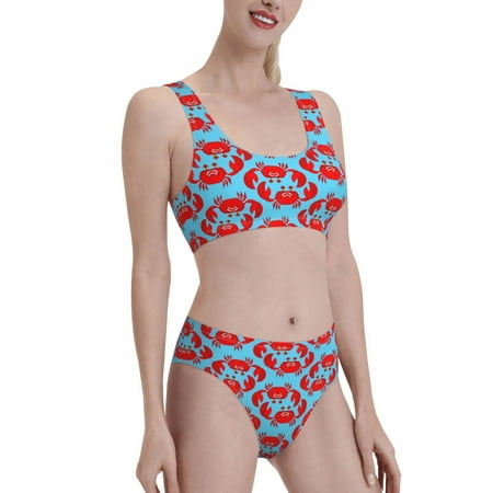 Uemuo Cartoon Crabs Printed Women s High Waisted Bikini Sets Sporty Two Piece Swimsuits Color Block Cheeky High Cut Bathing Suits-XX-Large