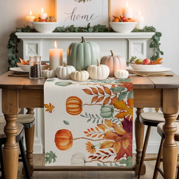 Thanksgiving Pumpkin Cotton Linen Table Runner, Washable Table Runners for Kitchen, Dining Room, Holiday, Home Party Table Decor, 13x36 Inches