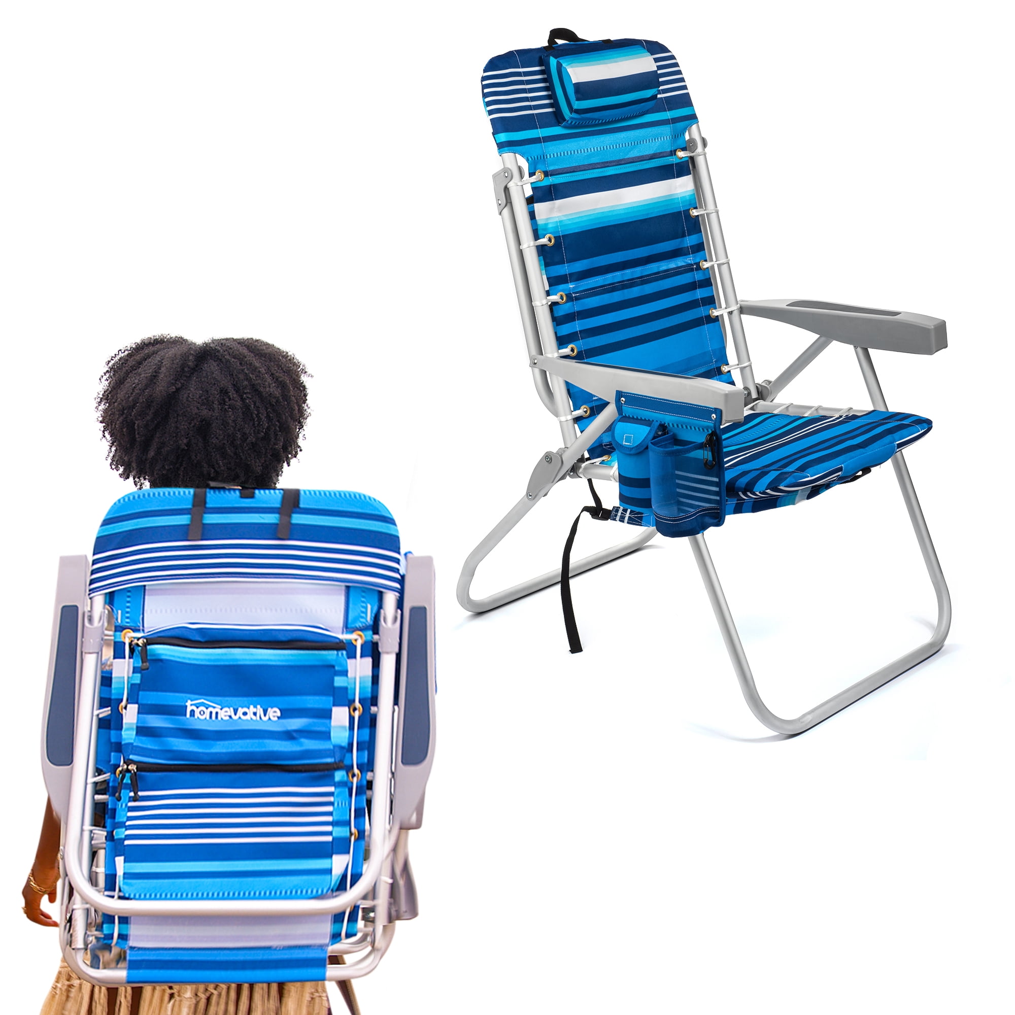 (Tall Chair)  Homevative Folding Backpack High Beach Chair, Towel bar, High Tide