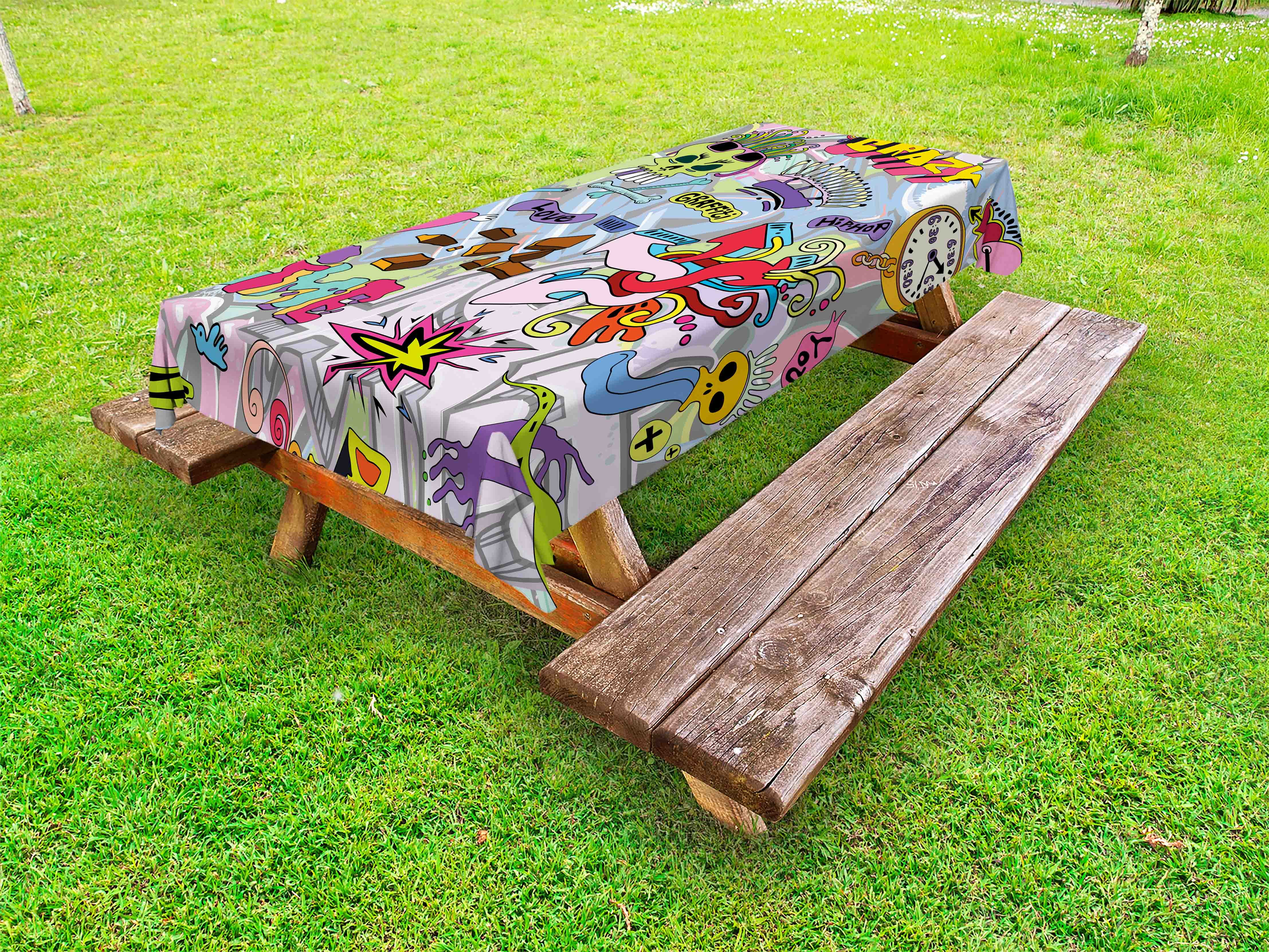 Art Outdoor Tablecloth, HipHop Inspired Colorful Graffiti Doodle Crazy