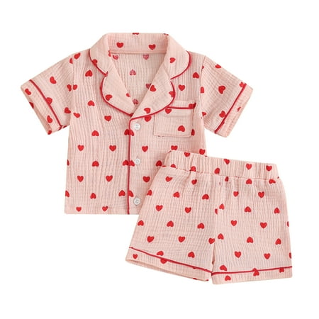 Toddler Baby Girl Heart Print Pajama Set Button Down Short Sleeve Tops Shorts Pjs Set 2 Piece Soft Valentine Sleepwear