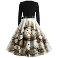 thumbnail image 4 of Christmas Dresses for Women Women's Christmas Printed Round Neck Big Hem Skirt Pleated Skirt Long Sleeved Dress with Snowman Print for Holiday Party,Light Brown,S, 4 of 5