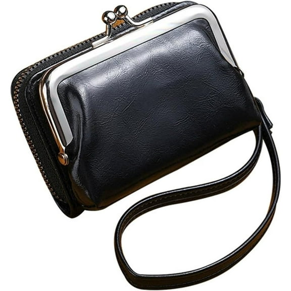 Small Size Vintage Wallet for Women, Pu Leather Elegant Change Pouch, Ladies Coin Purse Snap Closure with Zipper and Kiss Lock (Black)