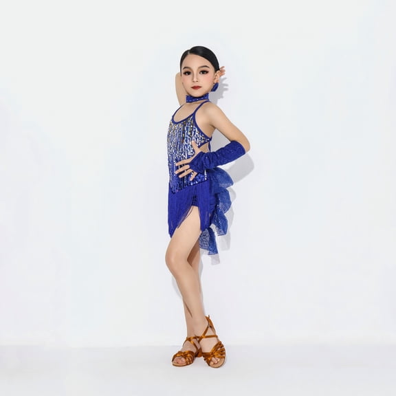 Toddler Baby Girls Sequin Fringe Latin Dance Dress with Gloves 3-4 Years