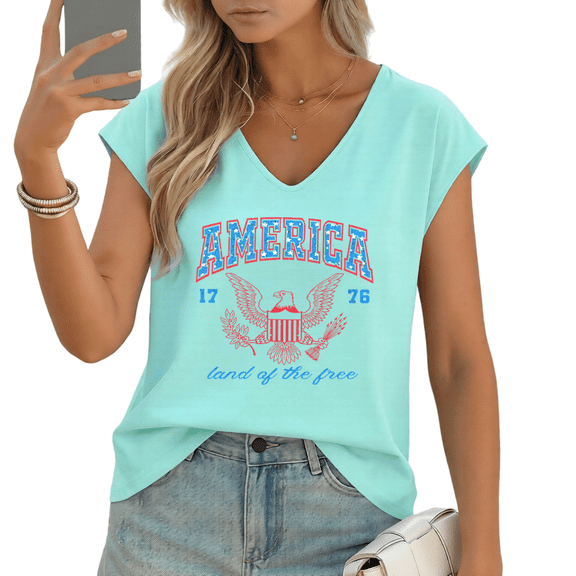 UNISHE Women's "America 1776 Land of the Free" Patriotic Graphic V-Neck Sleeveless T-Shirt Casual Summer Tank Top