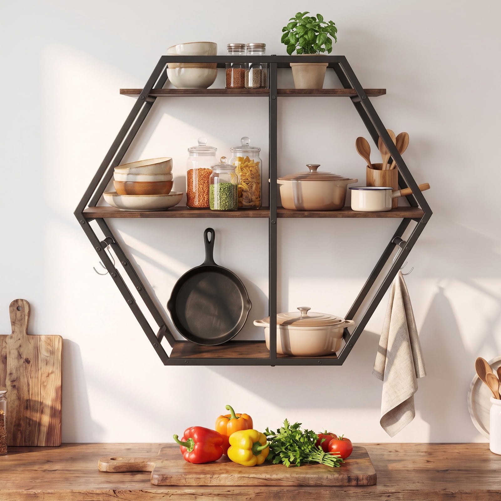 Furnibear 3-Tier Geometric Bookcase with S-Shaped Hooks for Living Room for Living Room Home Office Bedroom Display Storage Shelf, Rustic Brown