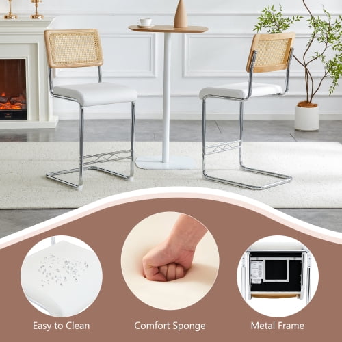 Natural Rattan Bar Stools Set of 2, 25" Counter Height Bar Chairs with Solid Wood Backrest, Medieval Modern Kitchen Stools with White PU Leather Cushion and Chrome Metal Legs