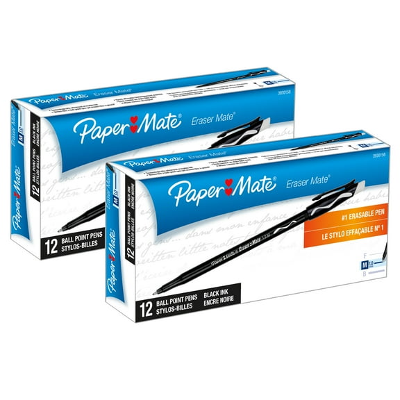 Eraser Mate Ballpoint Pen, Stick, Medium 1 Mm, Black Ink, Black Barrel, Dozen