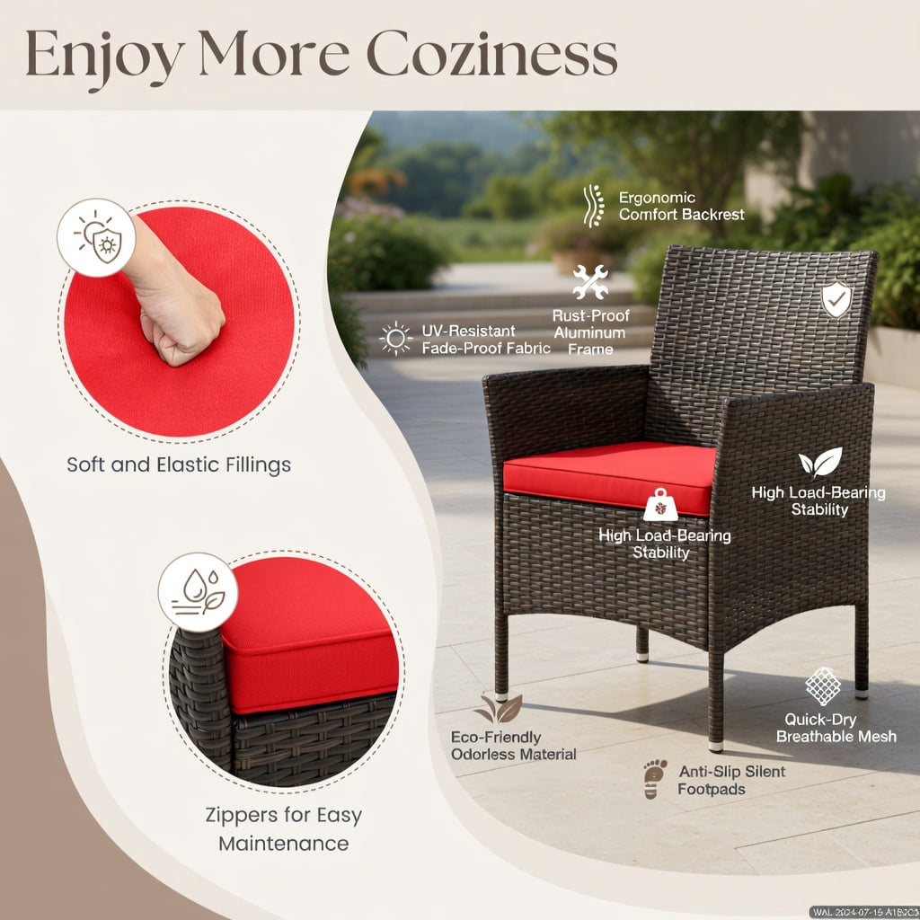 Hommoo 4-Piece Outdoor Rattan Patio Conversation Set with Plush Seat Cushions, Loveseat, 2 Chairs & Tempered Glass Coffee Table, Red