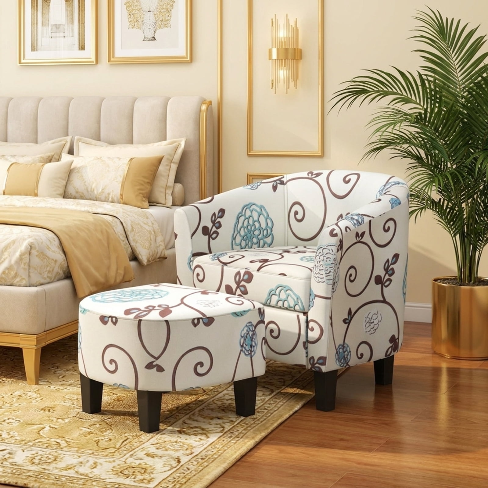 Furnibear Modern Accent Tub Chair and Ottoman Set with Fabric Upholstered for Living Room Bedroom Reading Nook Accent Lounge Home, Beige