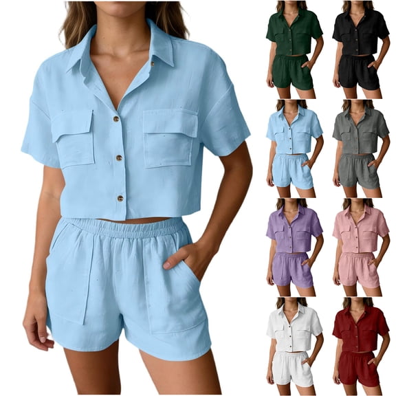 Bloomae Two Piece Linen Short Sets for Women Trendy Summer Short Sleeve Button Down T-Shirts Tops with Pockets and Elastic Waist Short Pants Matching Loungewear Outfits Black S