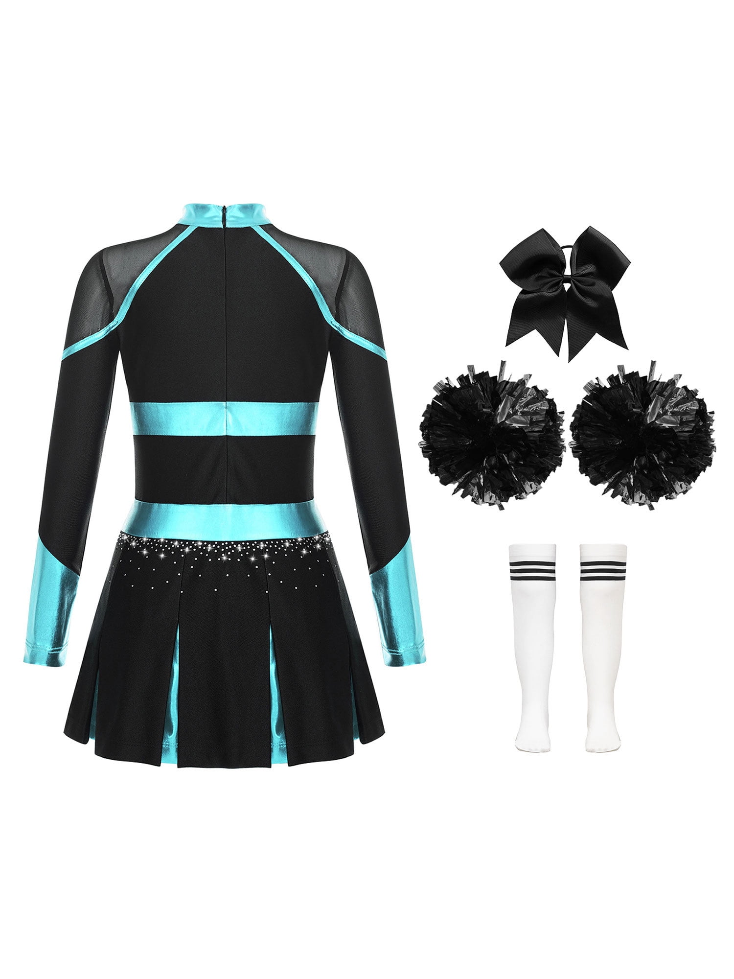 Haitryli Kids Girls Long Sleeve Cheerleading Dance Dress and Headwear Pom Pom Socks Halloween Cheer Leader Performance Outfits Blue Green&White 10