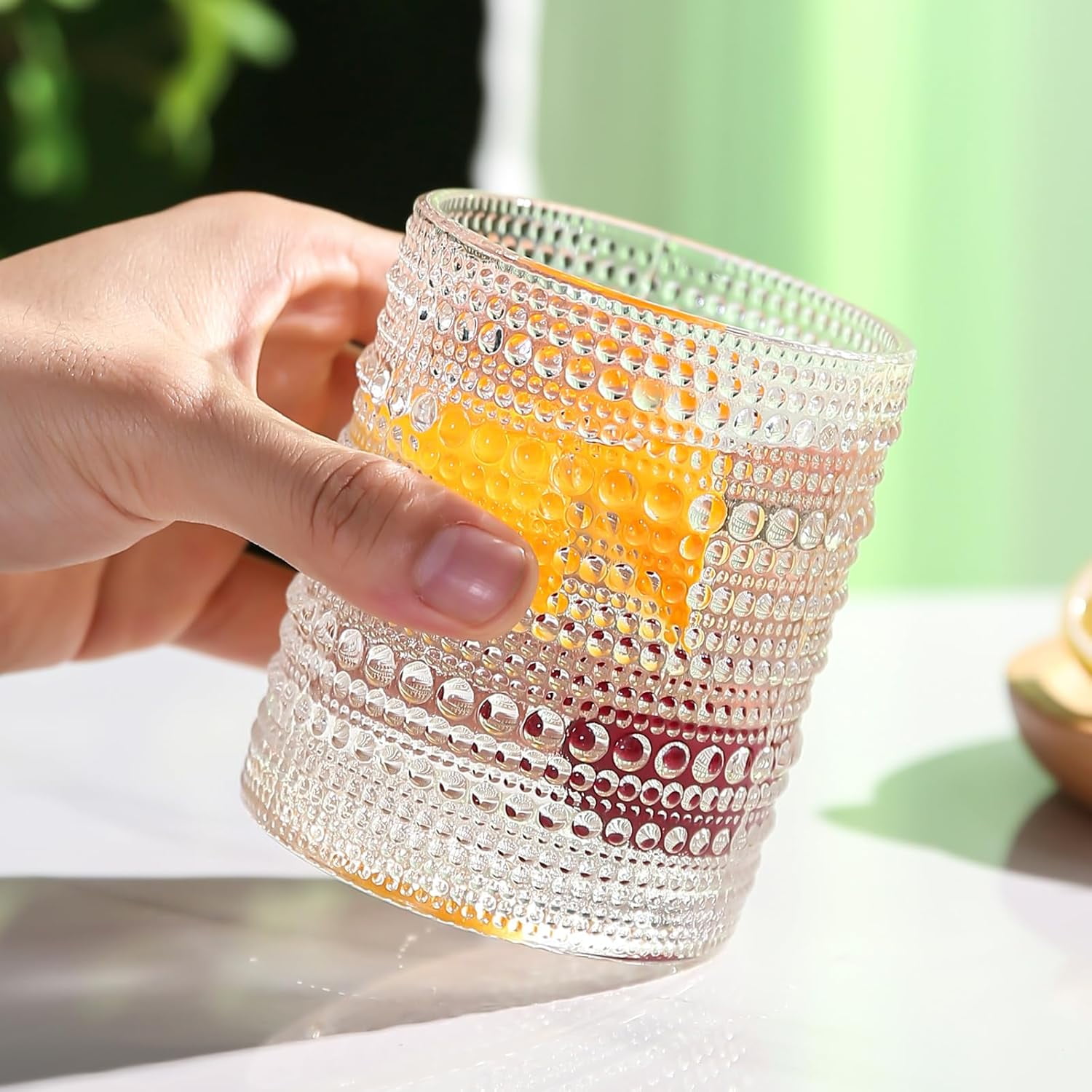 Inmute Mira Hobnail Drinking Glasses Set Of 4 - 10.6 Oz, Vintage Sunflower Pattern, For Cocktails & Juice