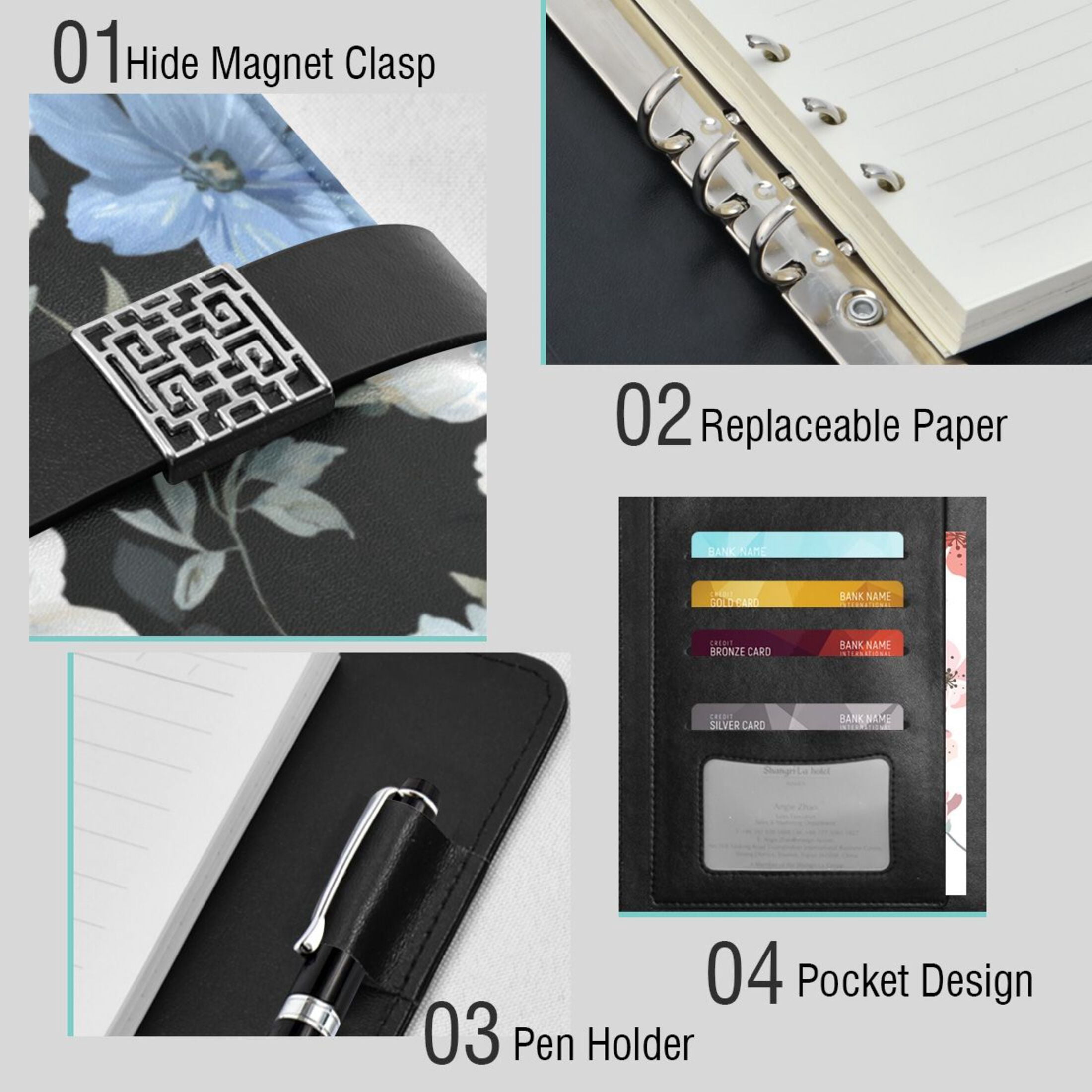 Leather Planner Leather Notebook Notebook Journal Binder Design Pen Pocket Design Convenient for Storage White Blue Flower Pattern