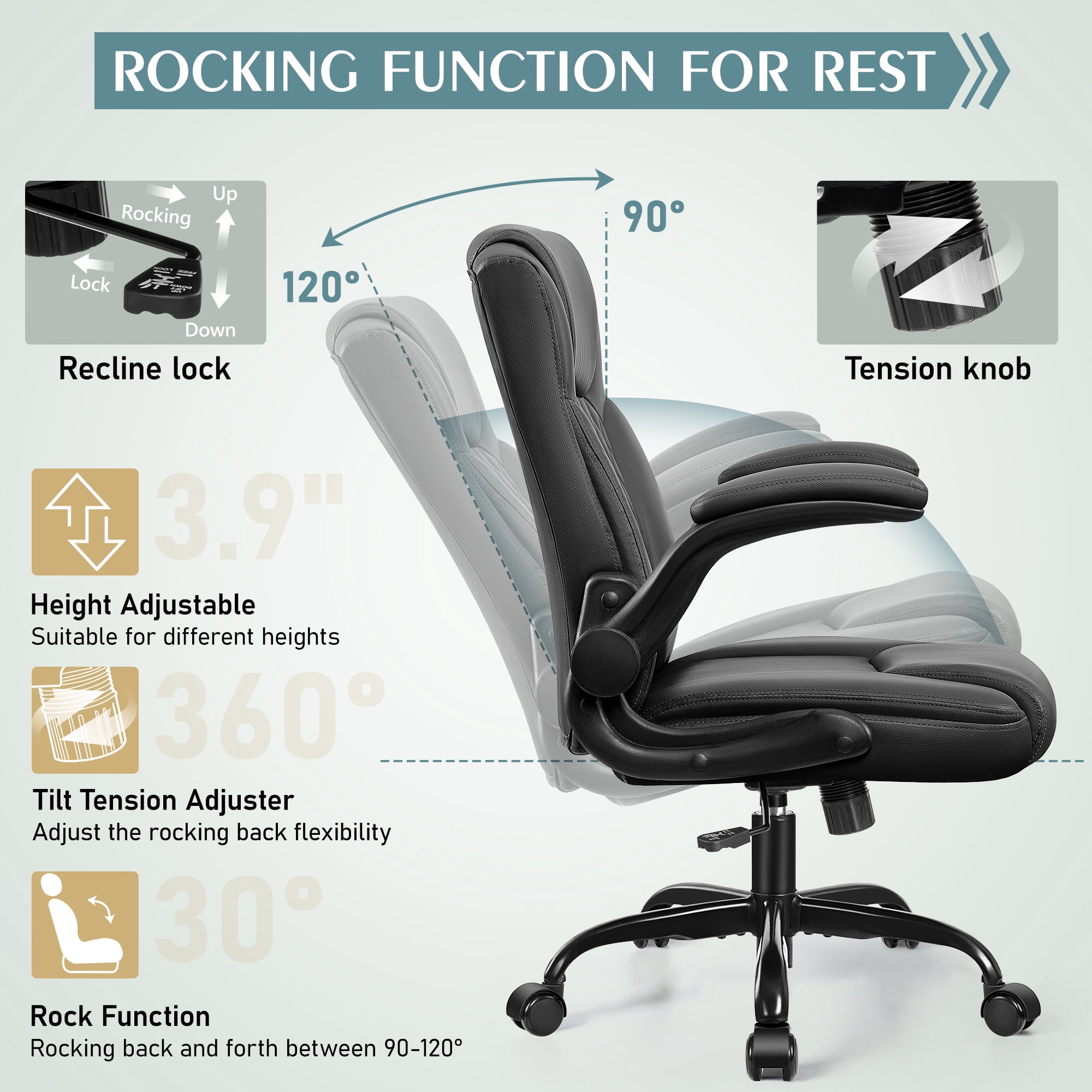 Brick Attic Leather Office Chair, Home Computer Desk Chairs with Ergonomic Back Support, 360°Swivel Free, Small Gaming Chair with Wheels and Adjustable Armrests,Black