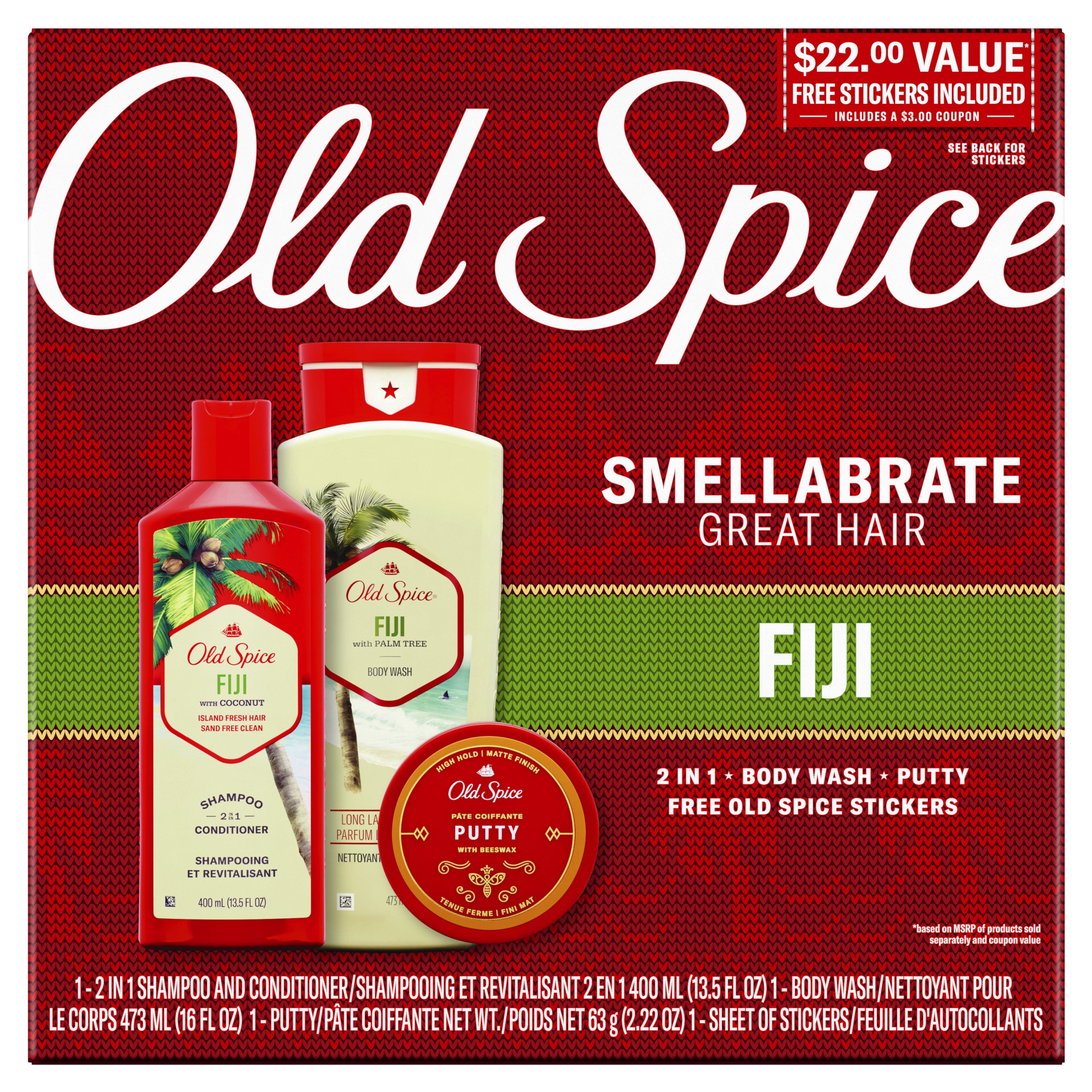 ($22 VALUE) Old Spice Hair Style Fiji Holiday Pack With 2 in 1 Shampoo and Conditioner, Body Wash, Hair Pomade and Sheet of Stickers
