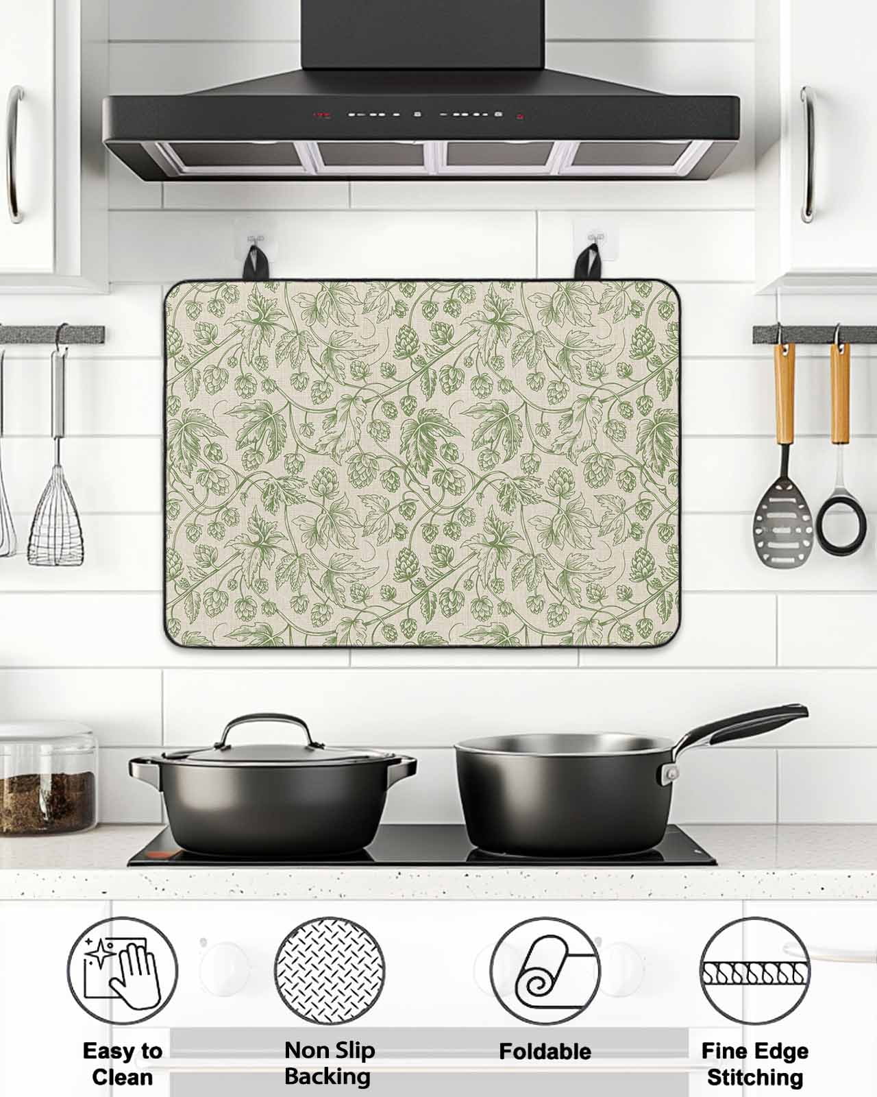 Stove Top Covers for Electric Stove, Sage Green Flowers Glass Stovetop Cover Protector, Rustic Pastoral Botanical Floral Leaf Induction Cooktop Protector Oven Mat for Kitchen Countertop 24"x21"