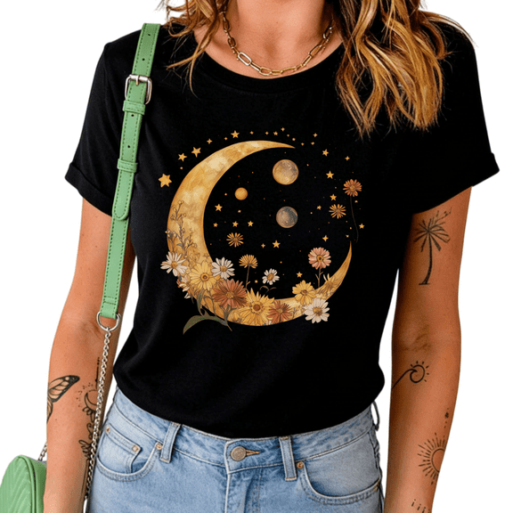 UNISHE Women's Celestial Floral Moon Phase Graphic Crew Neck Short Sleeve T-Shirt Casual Tee