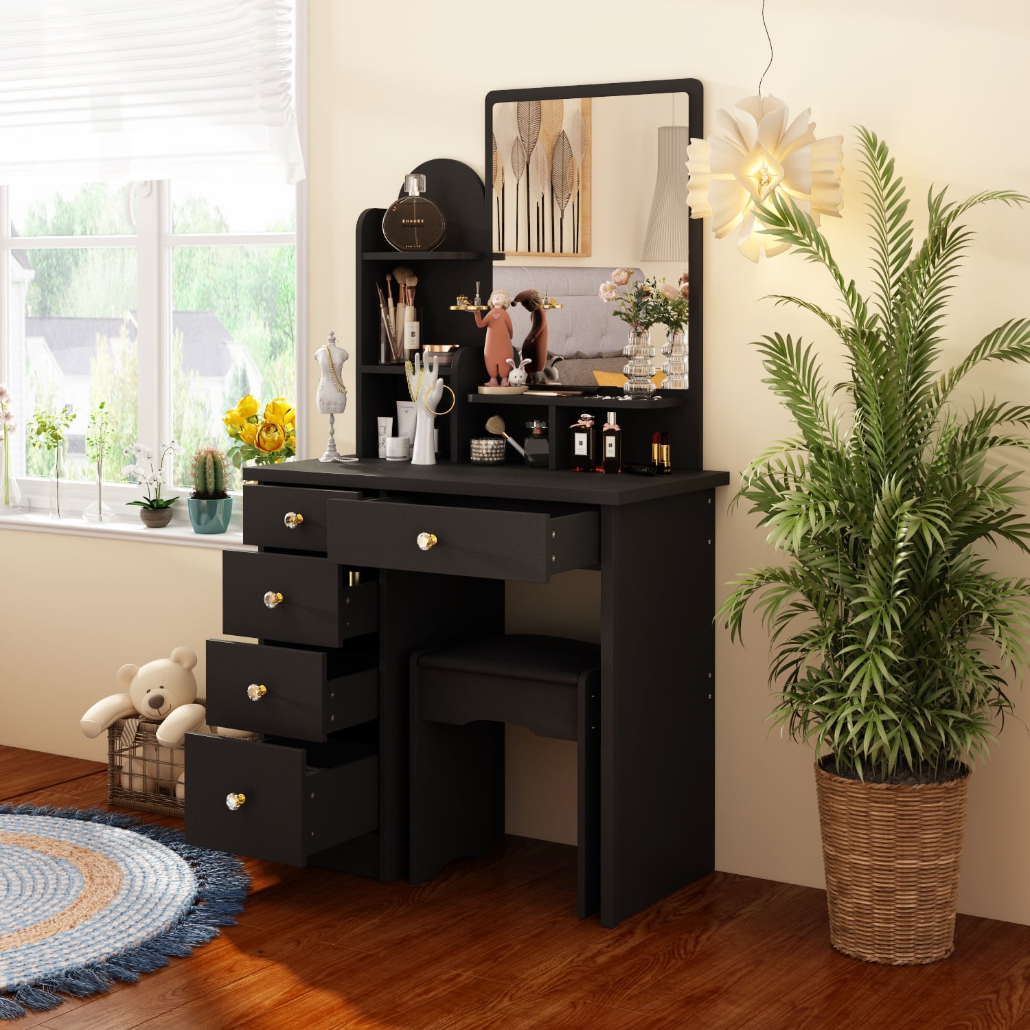 MONSLIPA Vanity Set with Mirror, Makeup Dresse Table with 5 Drawers and Open Shelves, Cushioned Stool ( Black )