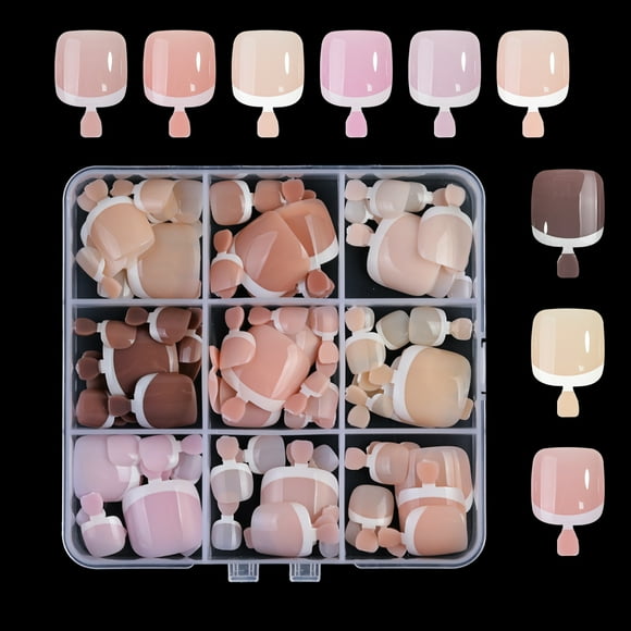 9 Colors French Gel Toe Nail Tips Pre-applied Base Coat & Tip Primer Pre-made French Toe Nails Soft Gel Tips 12 Sizes Fake Nails False Toenail Tips for Nail Art DIY