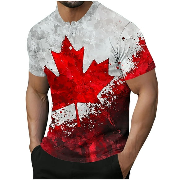 Amzcrzy T-Shirts pour Hommes M-3TG Mode Imprimé Feuille d'Érable Fête du Canada T-Shirt Décontracté Col Rond T-Shirts à Boutons pour Hommes Été Manches Courtes T-Shirts pour Hommes