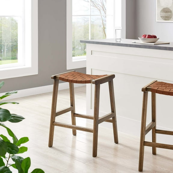 Modway Saoirse 26" Leather & Wood Counter Stool in Walnut Brown (Set of 2)