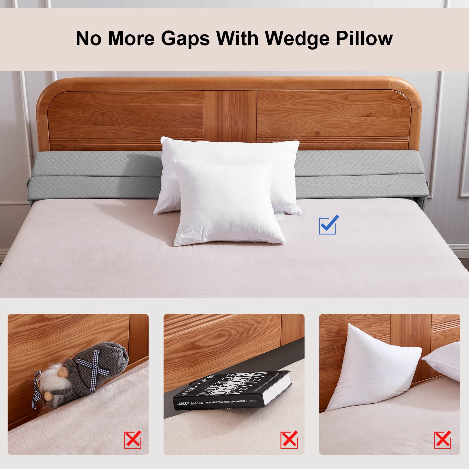 Twin Size Bed Wedge Pillow - Gap Filler Mattress Headboard Fill The (0-7") Between And For Sleeping Backrest (39"x10"x6" Grey)