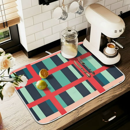 

Yayeee Drying Mat for Kitchen Counter Dishes Microfiber Coffee Decorative Pad Green Plaid