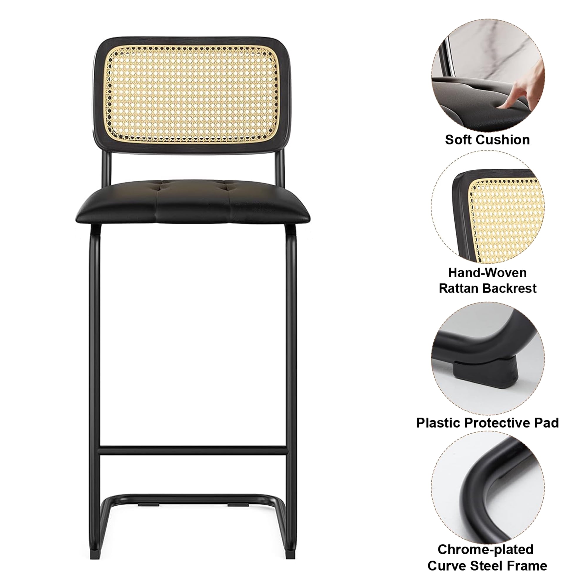 MAYEERTY 30" Black Counter Height Bar Stools Set of 2, PU Leather & Rattan Back, for Dining Areas