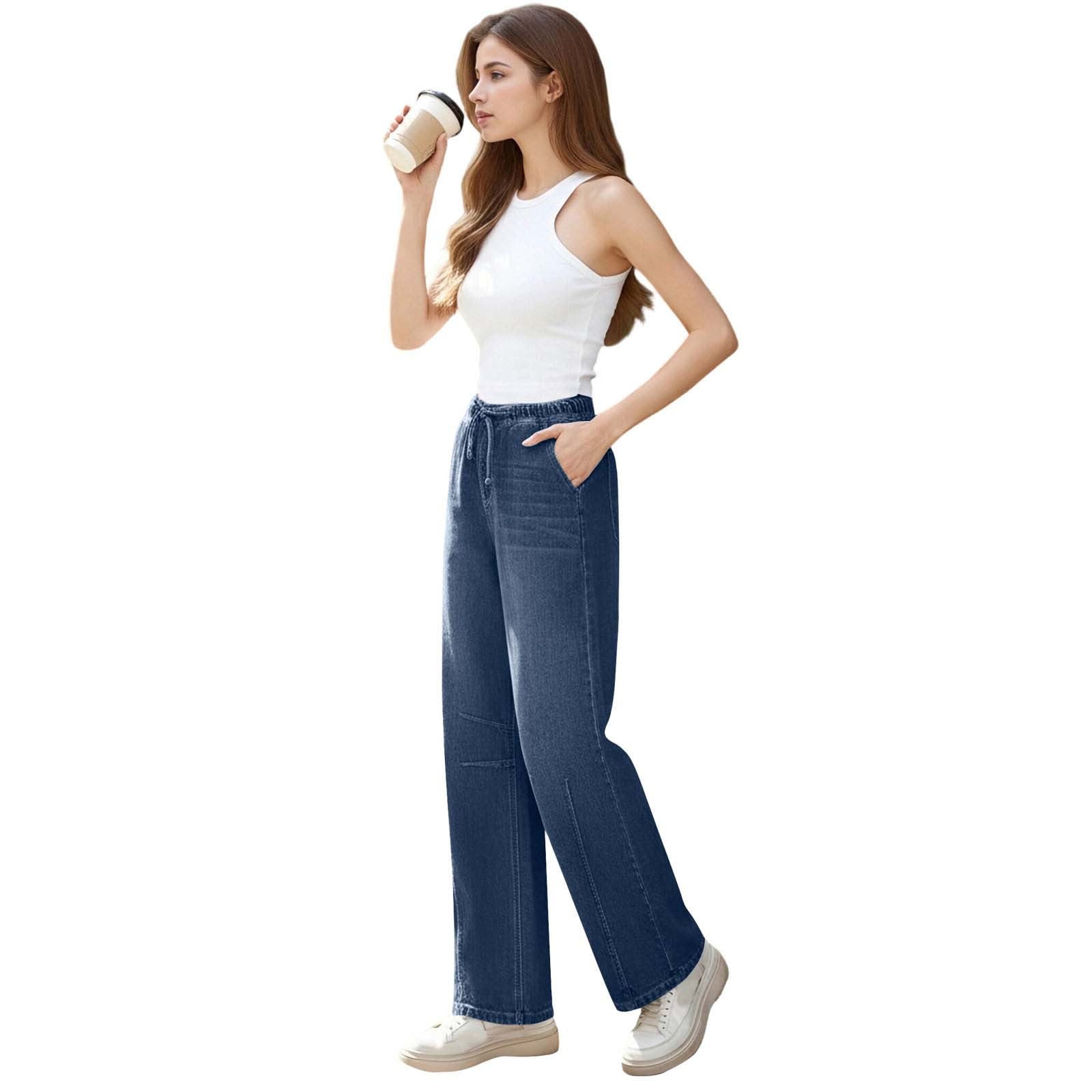 Baggy Jeans for Women High Waisted Wide Leg Jeans Elastic Waist Strechy Drawstring Pull On Denim Pants with Pockets