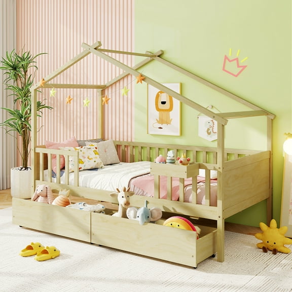 Gymax Twin House Bed w/ 2 Storage Drawers Roof & Fence Rails Headboard & Footboard