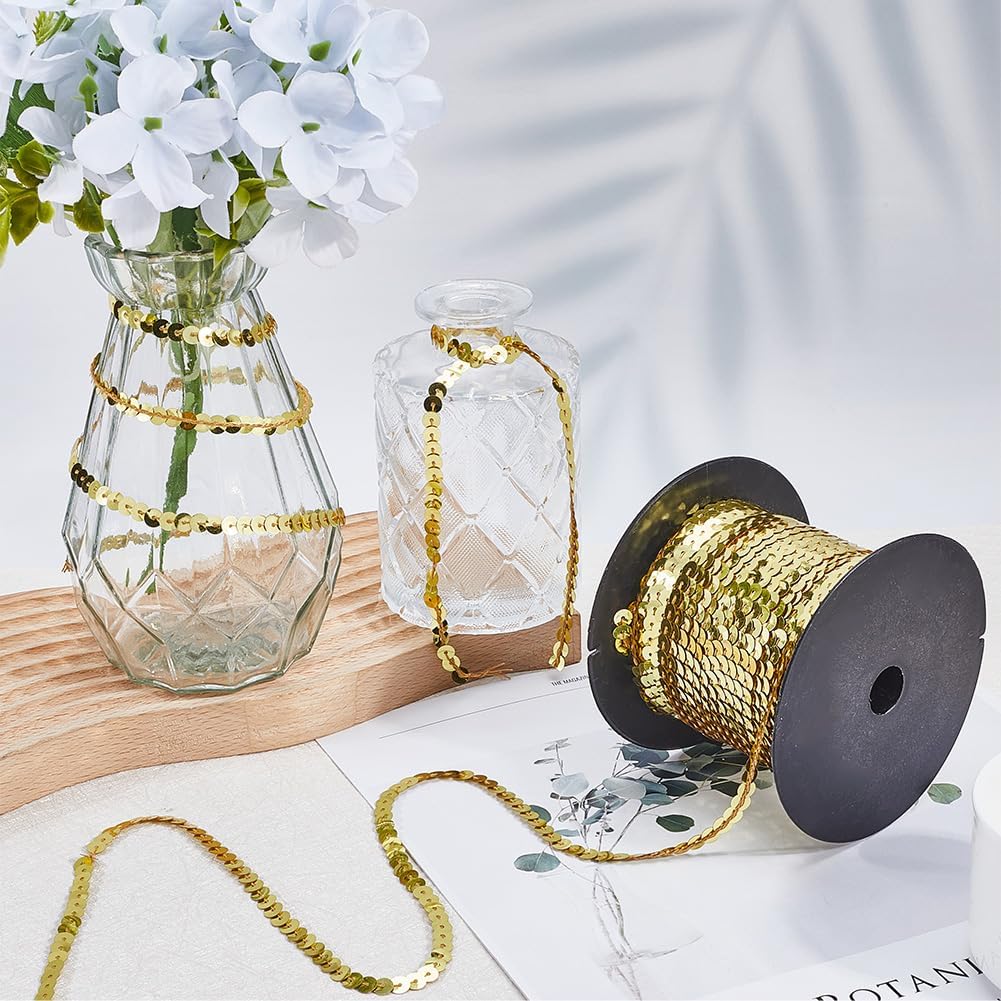 2 Rolls 100 Yards 6MM Gold and Silver Glitter Sequin Ribbon Roll Bulk Set Single Row Flat Round Beaded Paillettes Strips Sparkly Spangle Trim for Sewing Costume Headband DIY Craft Supply