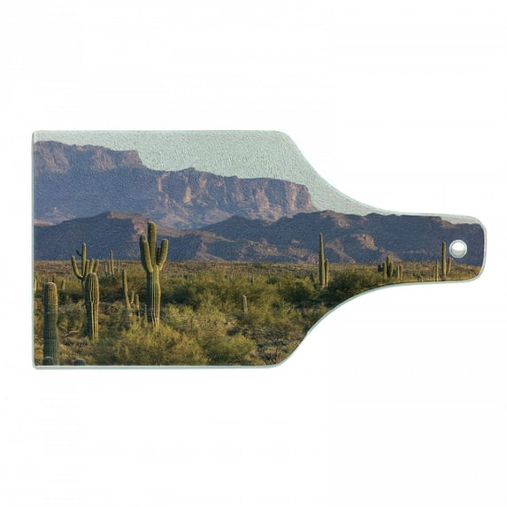 Saguaro Cutting Board, Arizona Desert Landscape with Cactus Mountain in Spring Evening Wilderness Picture, Tempered Glass Cutting and Serving Board, Wine Bottle Shape, Brown Green, by Ambesonne