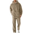 thumbnail image 2 of FASHOFT Fuzzy Sweatsuits for Men 2 Piece Lounge Sets Hoodies with Pocket and Wide Leg Pants Sleepwear Casual Outfits Set Khaki L, 2 of 9